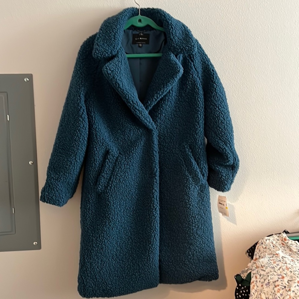 NWT Lucky brand fuzzy bear coat m beautiful blue color teddy coat